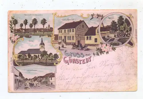 0-5231 GÜNSTEDT, Lithographie 1900, Koch's Gasthof mit Garten, Ablasswiese, Langestrasse, Kirche