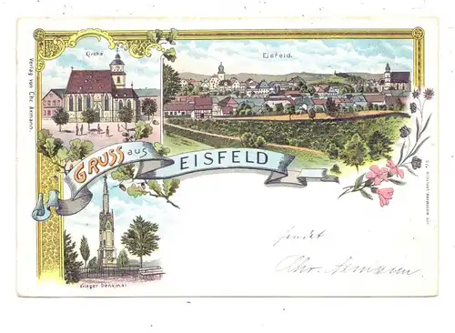 0-6120 EISFELD, Lithographie 1899, Kirche, Krieger-Denkmal, Gesamtansicht