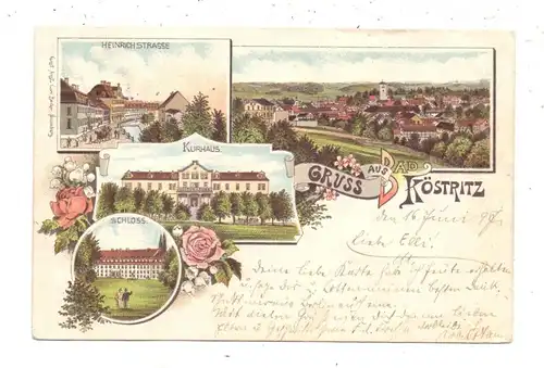 0-6514 BAD KÖSTRITZ, Lithographie 1897, Heinrichstrasse, Kurhaus, Schloss, Gesamtansicht