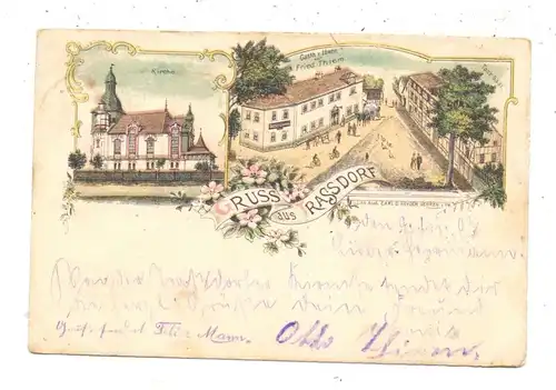 0-4608 ZAHNA - RASSDORF, Lithographie, Gasthof zum Löwen & Tanz-Saal, Kirche