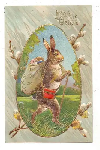 OSTERN - Hase mit Wanderstab und Eierkorb, 1910, Präge-Karte, embossed, relief