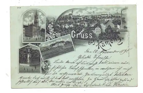 0-8290 KAMENZ, Lithographie 1898, Lessingstift, Lessing Denkmal, Rathaus, Totalansicht