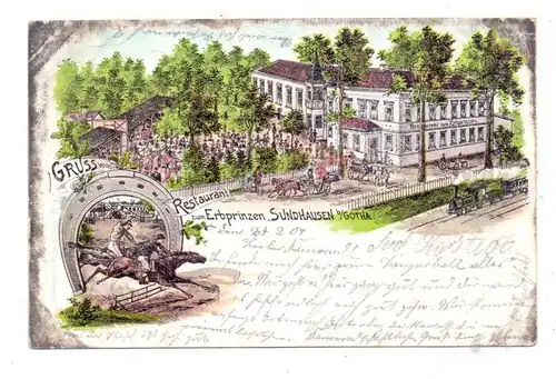 0-5800 GOTHA - SUNDHAUSEN, Lithographie, Restaurant zum Erbprinzen, Galopprennen / Turf, Eisenbahn