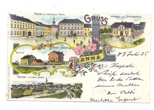0-6556 TANNA, Lithographie, Restaurant zum Schützenhaus, Hotel Linderhof, Bahnhof, Markt, Totalansicht