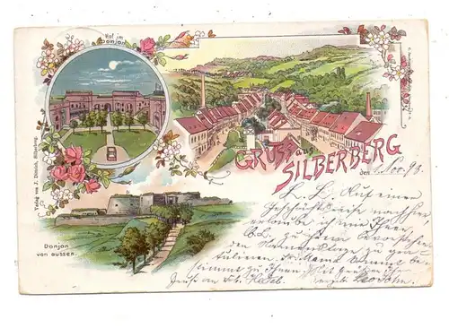 NIEDER-SCHLESIEN - PETERWITZ - SILBERBERG / STOSZOWICE, Lithographie 1898, Donjon und Ortschaft