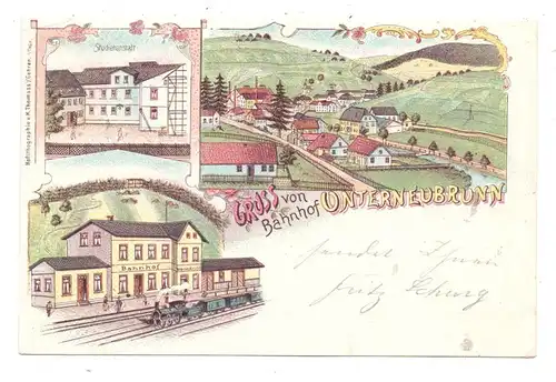 0-6114 SCHLEUSEGRUND - UNTERNEUBRUNN, Lithographie, Gruss vom Bahnhof .., Studienanstalt, Dorfansicht