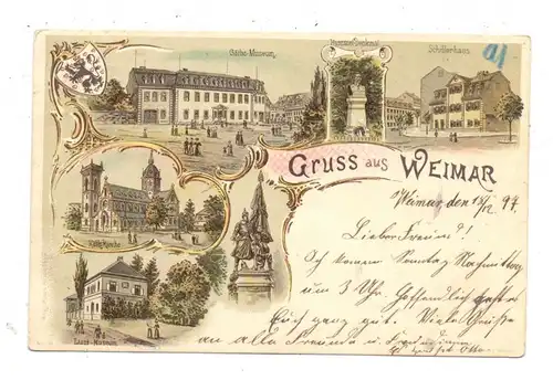 0-5300 WEIMAR Lithographie 1897, 6 Ansichten, rücks. Klebereste