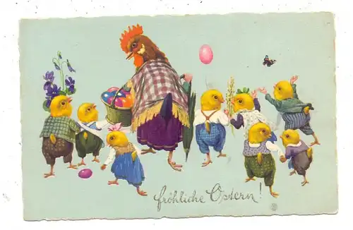 OSTERN - Henne mit Eierkorb und vermenschlichten Küken