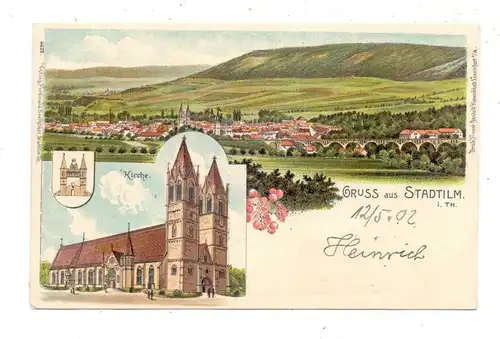 0-5217 STADTILM, Lithographie, Kirche und Panoramaansicht, Bahnpost Erfurt-Saalfeld