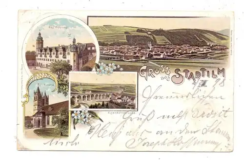0-5217 STADTILM, Lithographie 1898, Eisenbahnbrücke, Kirche, Schloss, Panorama