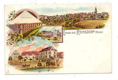 0-6600 GREIZ - REINSDORF, Lithographie, Gasthof Zur goldenen Sonne, Ortsansicht, Brücke