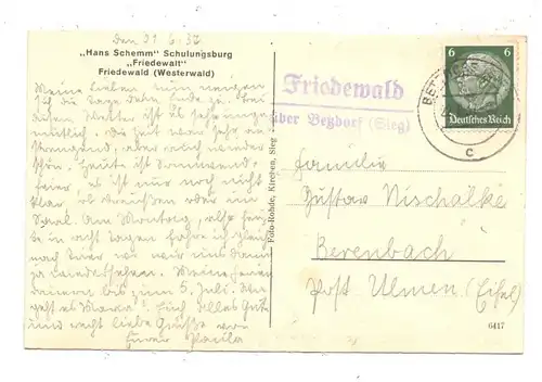 5244 DAADEN - FRIEDEWALD, NSLB Schulungsburg Hans Schemm, Landpoststempel "Friedewald über Betzdorf", 1937