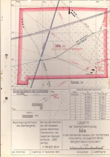 4690 HERNE - BAUKAU, Bergbau, Lageriß der Steinkohlenmutung IDA, 1960, 29,5 x 21 cm, kl, Oberflächenmängel