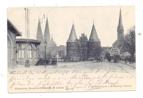 2400 LÜBECK, Holstenthor, Marien- und Petri-Kirche, Strassenbahn, 1898, Bahnpost Lübeck-Lüneburg