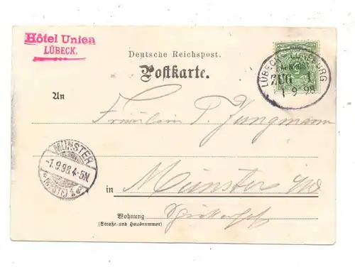 2400 LÜBECK, Holstenthor, Marien- und Petri-Kirche, Strassenbahn, 1898, Bahnpost Lübeck-Lüneburg