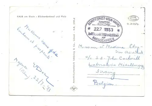 BINNENSCHIFFE - RHEIN, Schiffspost Köln - Mainz, Köln-Düsseldorfer, Dampfer GOETHE, 1953