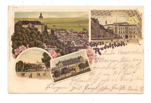 0-6820 RUDOLSTADT, Lithographie 1898, 4 Ansichten, Bahnpost