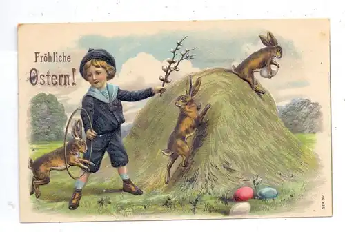 OSTERN - Junge mit Hasen, Präge-Karte / embossed / relief, 1909