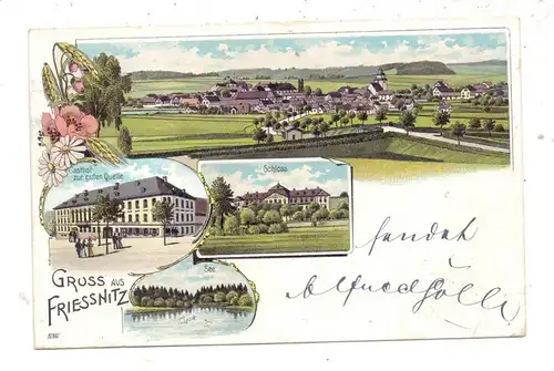 0-6501 FRIESSNITZ, Lithographie 1902, Gasthof zur guten Quelle, Schloß, See, Panorama