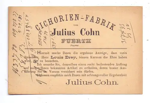 8510 FÜRTH, Cichorien-Fabrik Julius Cohn / Judaica, Besuchs-Karte, 1888