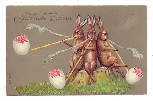 OSTERN / Easter / Paques - Eierrauchende Hasen, Präge-Karte / Embossed / Relief
