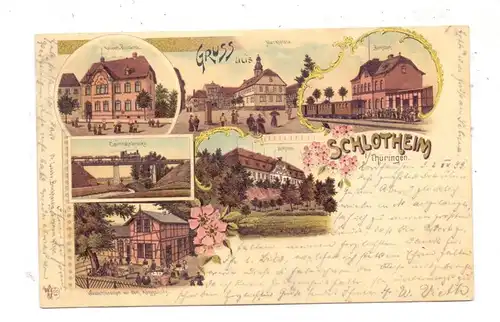 0-5706 SCHLOTHEIM, Lithographie 1899, Bahnhof, Marktplatz, Kaiserl. Postamt, Waldschlösschen, Eisenbahnbrücke, Schloß
