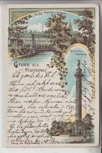 3000 HANNOVER, Residenz-Schloss & Waterloo-Denkmal, Lithographie 1899