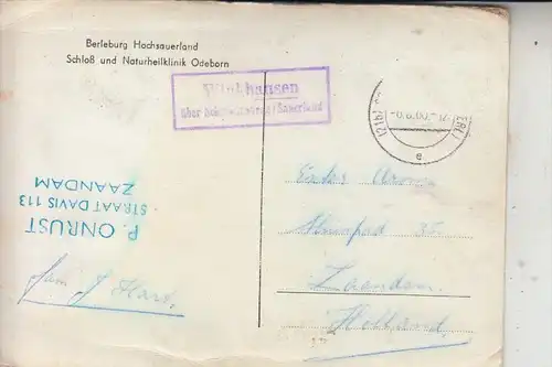 5920 BAD BERLEBURG, Schloß & Naturheilklinik Odeborn, Luftaufmah,e. Landpoststempel "Winkhausen über Schmallenberg"