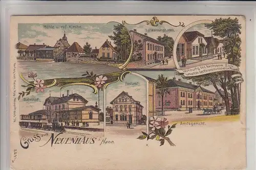 4459 UELSEN - NEUENHAUS, Lithographie, Bahnhof, Postamt, Amtsgericht, Wassermühle, ref. Kirche, Verwaltungsamt & RA Zick