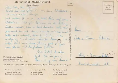 MUSIK - HARRY BELAFONTE, "Wo meine Sonne scheint", Disc-pc, Schallplatten-Karte