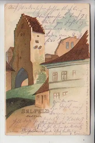 0-6800 SAALFELD, Saalthor, Künstler Postkarte, 1914, rückseitg kl. Papiermängel