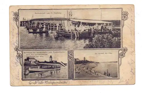 0-3504 TANGERMÜNDE, Badeanstalt G.Hartung, Motorboot, Elbestrand, 1918, MÄNGEL