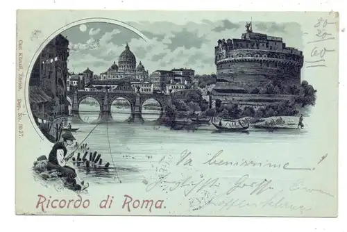 I 00100 ROMA, Ricordo di Roma, 1899, Mondscheinlithographie, Angler / fishing