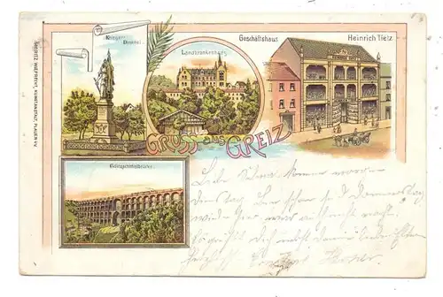 0-6600 GREIZ, Lithographie 1900, Kaufhaus Heinrich Tietz, Landeskrankenhaus, Krieger-Denkmal, Brücke