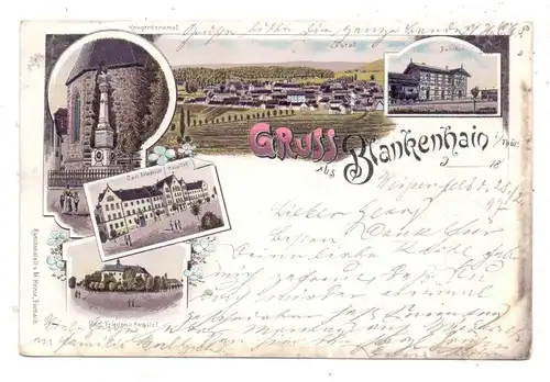 0-5304 BLANKENHAIN, Lithographie 1897, Bahnhof, Carl Friedrich Hospital, Kriegerdenkmal, Gesamtansicht