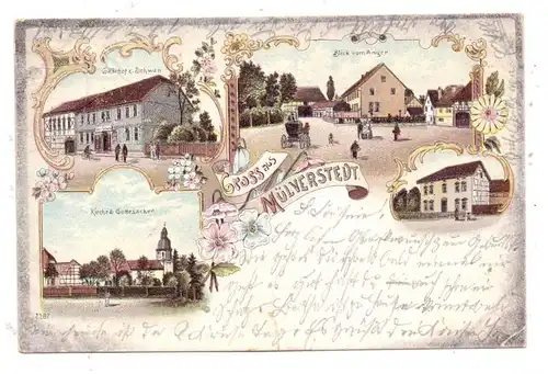0-5821 MÜLVERSTEDT, Lithographie, Gasthof, Blick vom Anger, Kirche und Gottesacker, dünne Stelle Brfm. entfernt