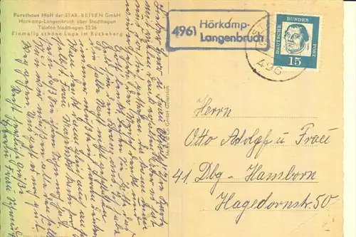 3060 STADTHAGEN - HÖRKAMP - LANGENBRUCH, Forsthaus Halt, Landpoststempel "4961 Hörkamp-Langenbruch"