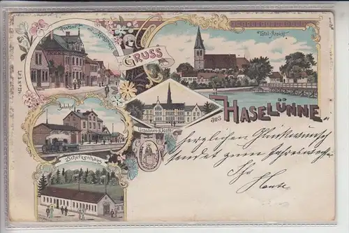 4473 HASELÜNNE, Lithographie 1898, Postamt / Bahnhof / Schützenhaus ...