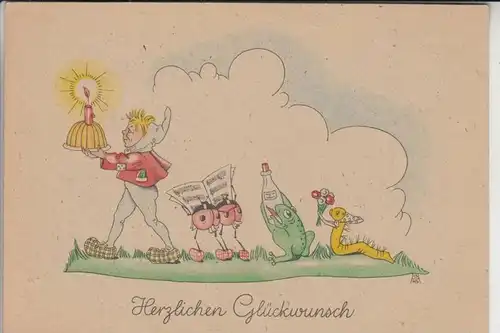 ZWERGE - Gnome, Frosch, Käfer, Raupe, Künstler-Karte H.G. 1946