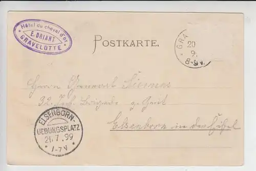 F 57130 GRAVELOTTE, Gedenkturm & Schlucht 1899 nach Elsenborn,  Briefmarke fehlt