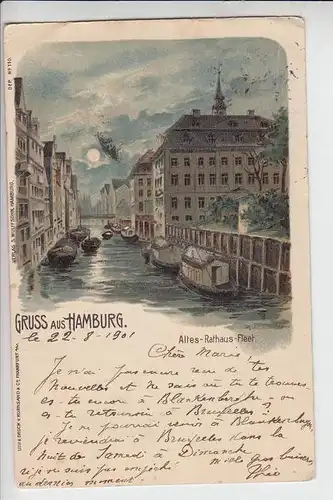 2000 HAMBURG, Altes Rathaus - Fleet, Lithographie 1901, dekorativ mit Glimmer