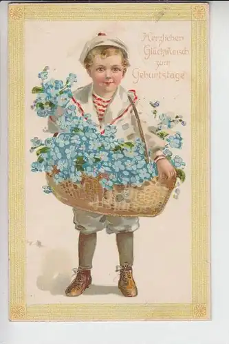 GEBURTSTAG - Herzlichen Glückwunsch ..., Kind in Matrosenuniform, Blumenkorb 1903