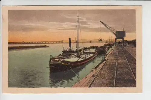4230 WESEL, Hafen, Rheinpartie mit Eisenbahnbrücke 1925, belg.Militärpost