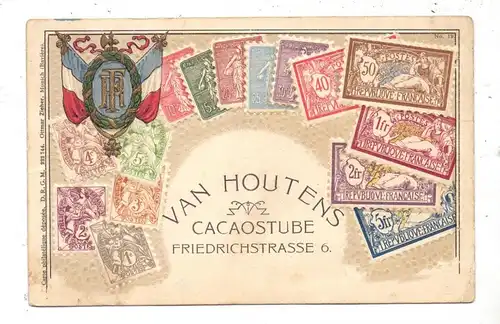 1000 BERLIN, Friedrichstrasse 6, Van Houtens Cacaostube, Briefmarken-Präge-Karte, Druckstelle, leicht fleckig
