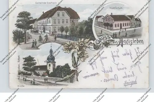0-5101 ANDISLEBEN, Lithographie, Gemeinde Gasthaus, Neue Schule, Kirche, ECKKNICK