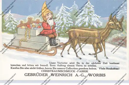 0-5620 WORBIS, Werbe-Karte Fa. Gebr. Weinrich, Weihnachtsschmuck, Zwerg mit  Rehgespann