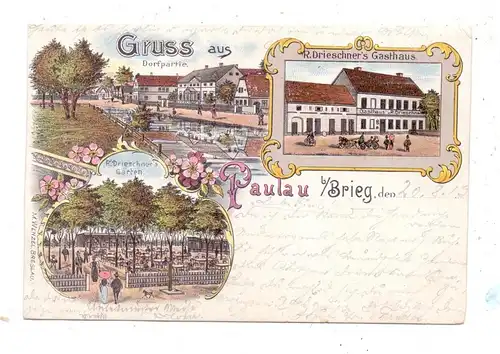 OBER - SCHLESIEN - PAULAU / PAWLOW bei Brieg, Lithographie, Drieschners's Gasthaus, Dorfpartie