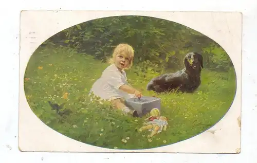 HUNDE - DACKEL / Teckel / Dachshund / Bassotto - Dackel mit Mädchen und Spielzeug, Künstler-Karte Paul Heckscher