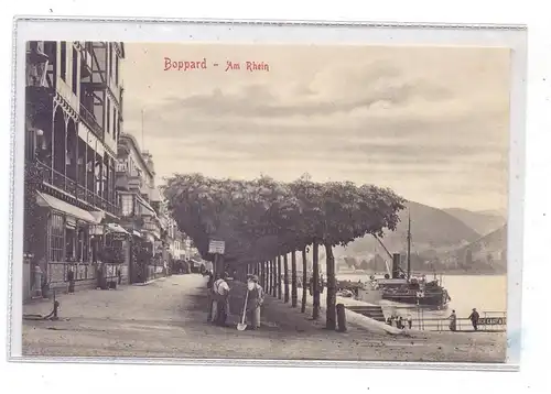 5407 BOPPARD, Rheinpromenade, Schiffsanleger, Frachtschiff, belebte Szene, 1906 Stengel-Verlag