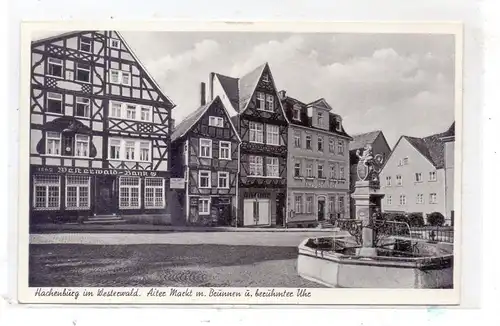 5238 HACHENBURG, Partie am Alten Markt mit Brunnen und Uhr, 1953, Westerwald-Bank, Amts-Apotheke